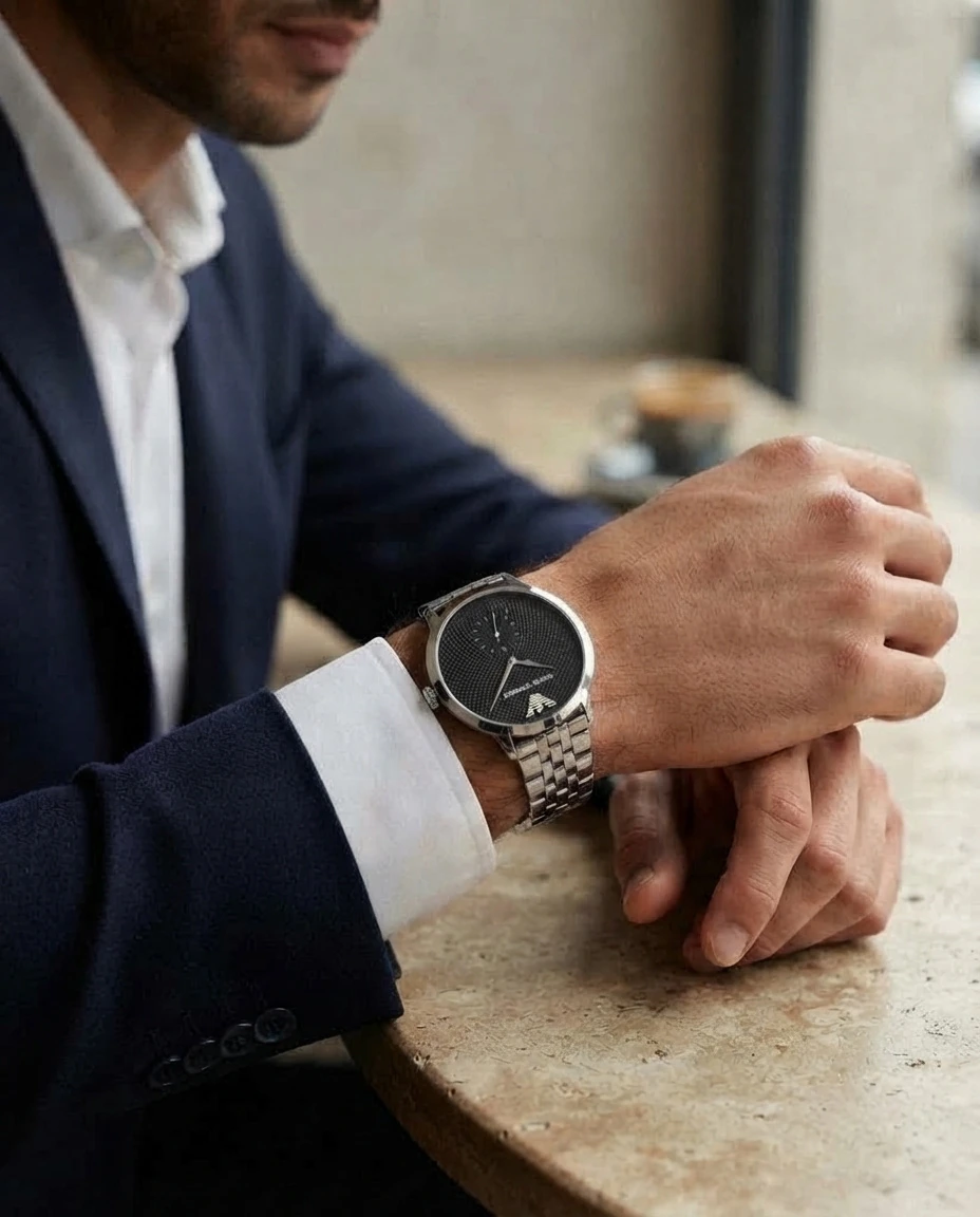 AI-generated close lifestyle photograph of a steel watch worn with navy tailoring at a café