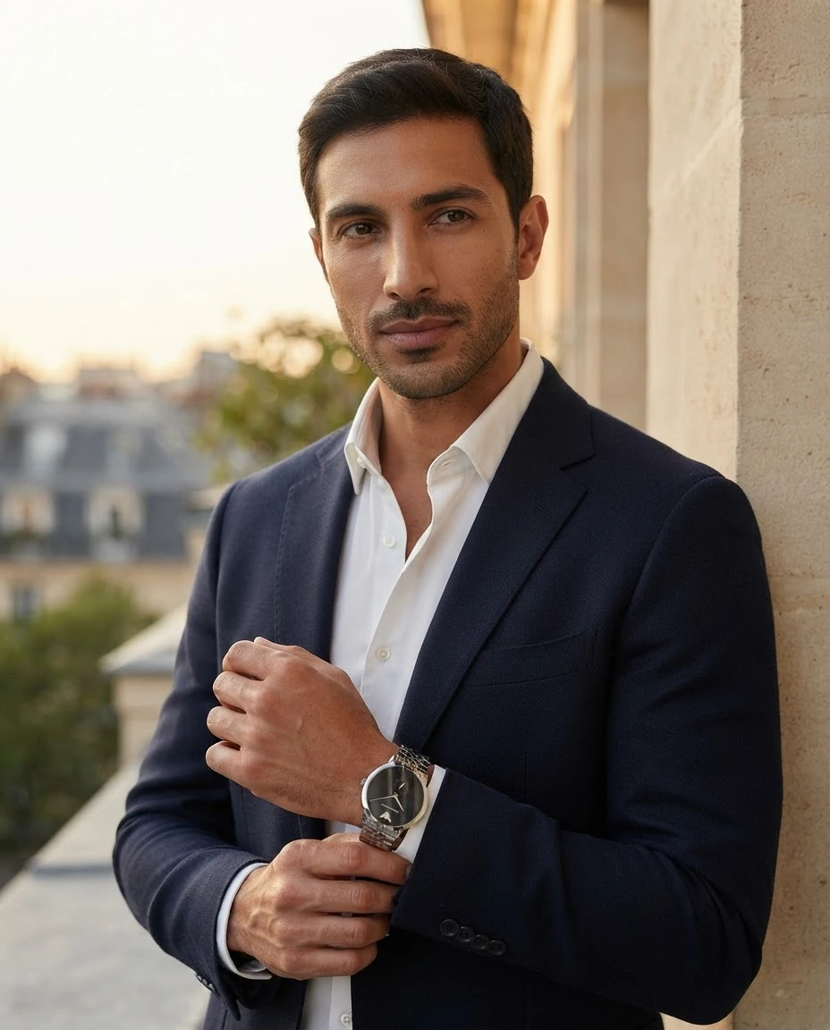 AI-generated black-dial steel watch photography: city portrait