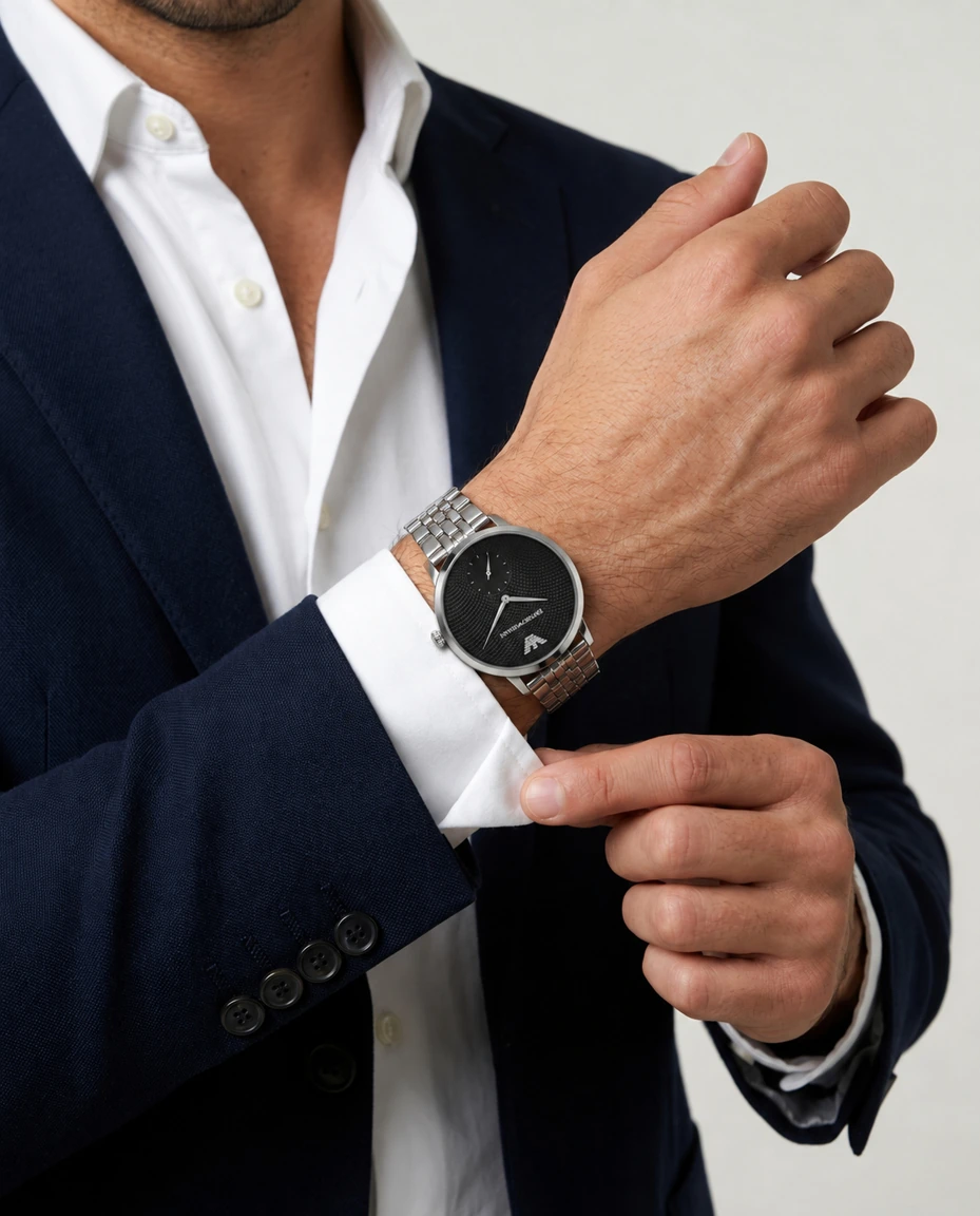 AI-generated black-dial steel watch photography: cuff adjustment