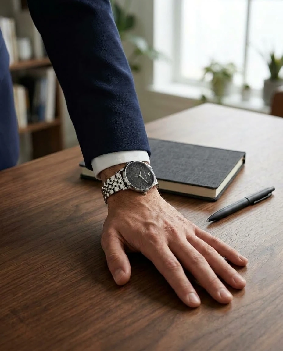 AI-generated black-dial steel watch photography: at the desk