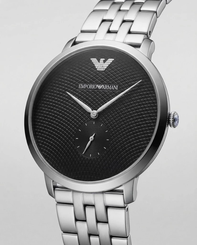 AI-generated black-dial steel watch photography: dial texture