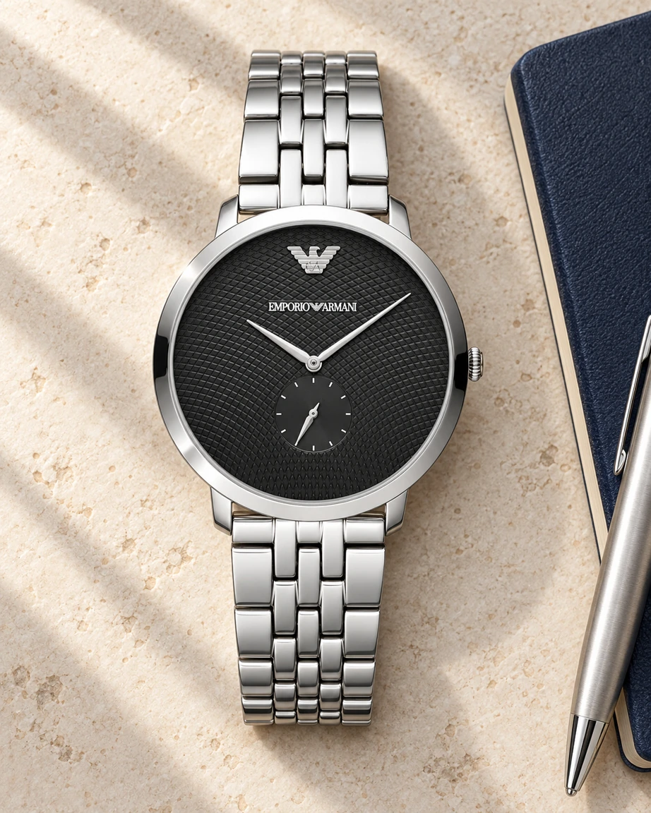 AI-generated black-dial steel watch photography: everyday essentials