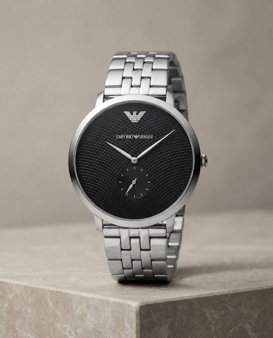 Black-dial steel watch in an AI-generated setting