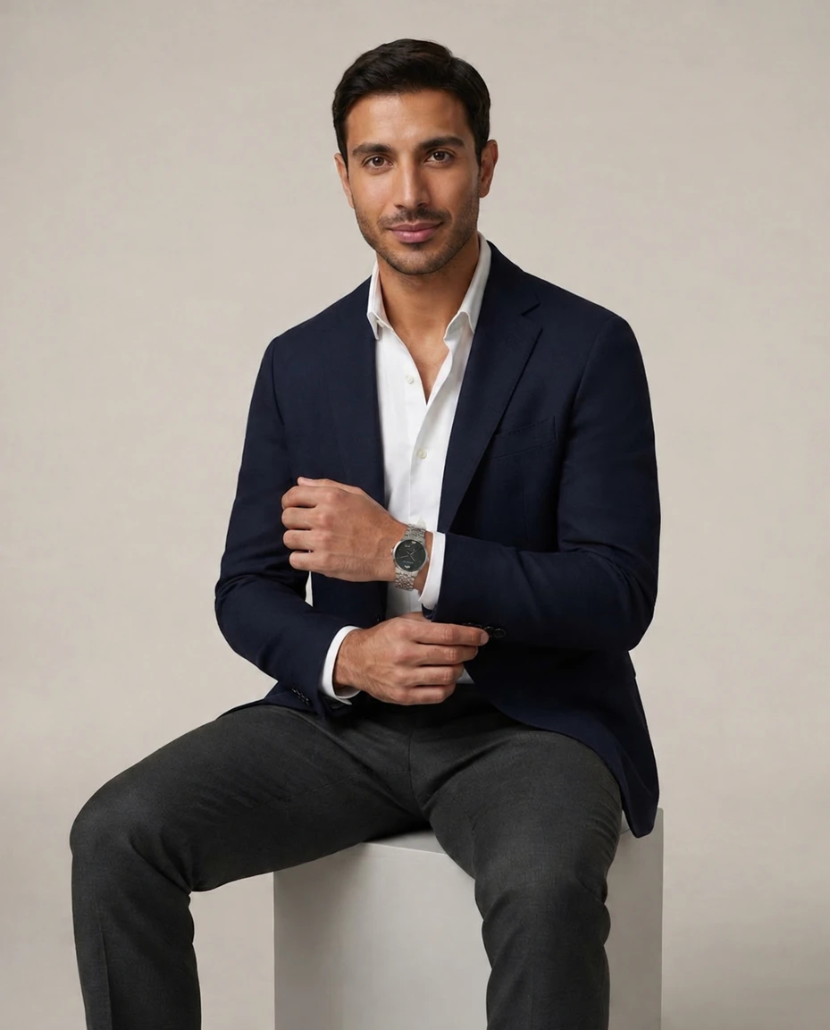 AI-generated black-dial steel watch photography: studio portrait