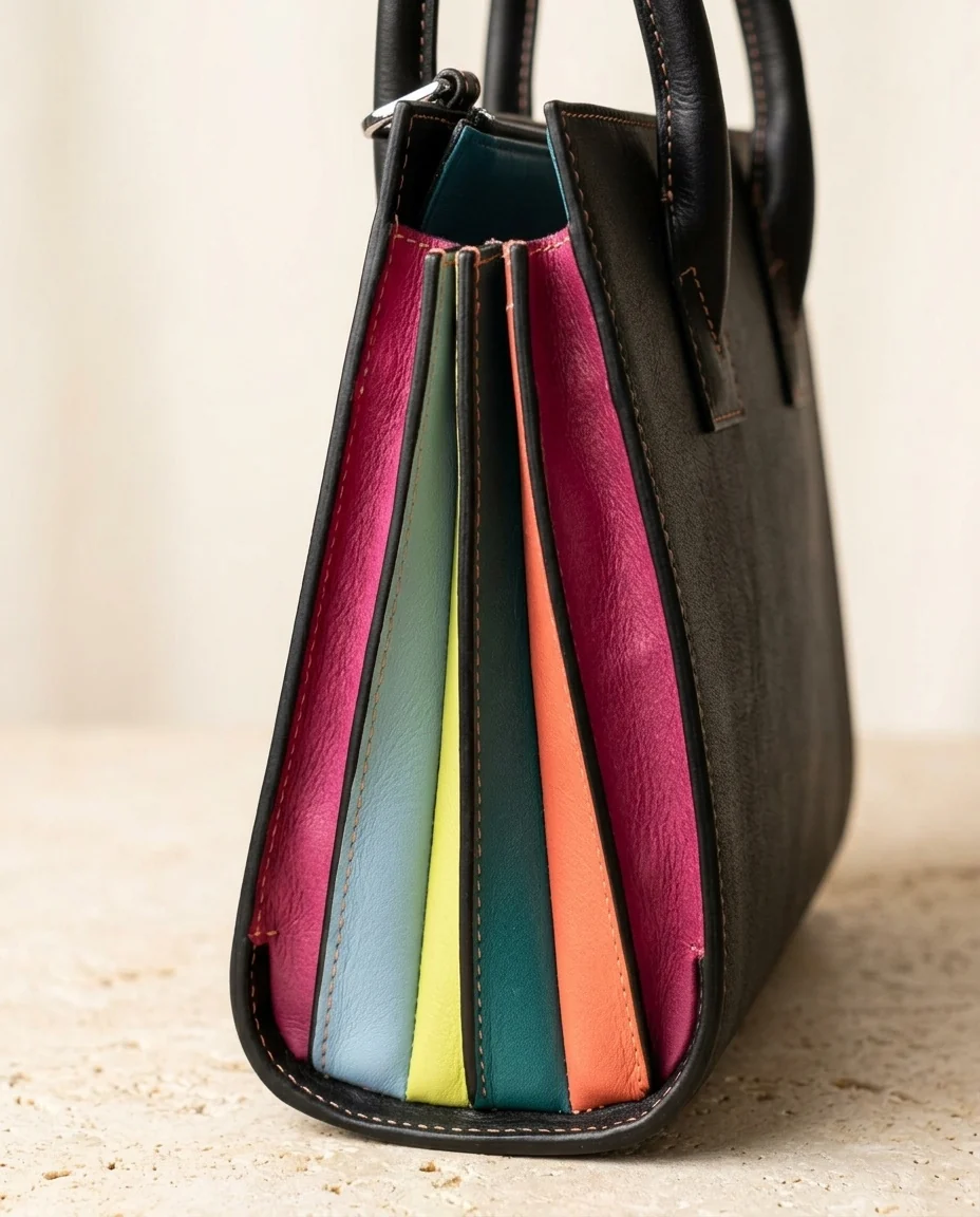 AI-generated colorblock satchel photography: color & construction