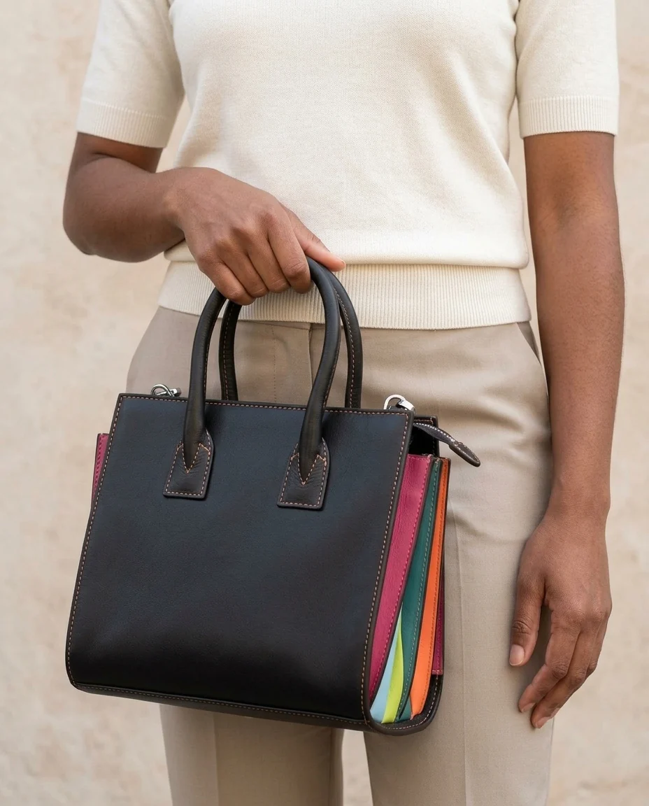 AI-generated colorblock satchel photography: in hand