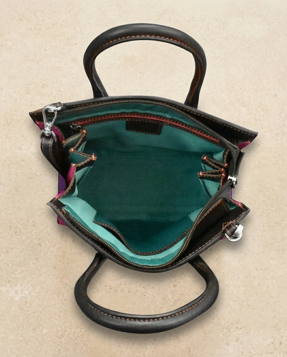 AI-generated colorblock satchel photography: inside the bag
