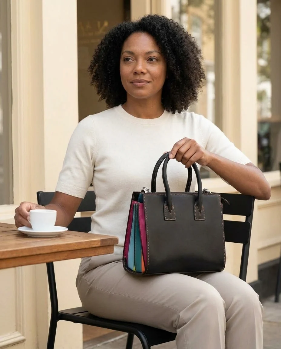 AI-generated model holding a black satchel with colorful side panels at a café
