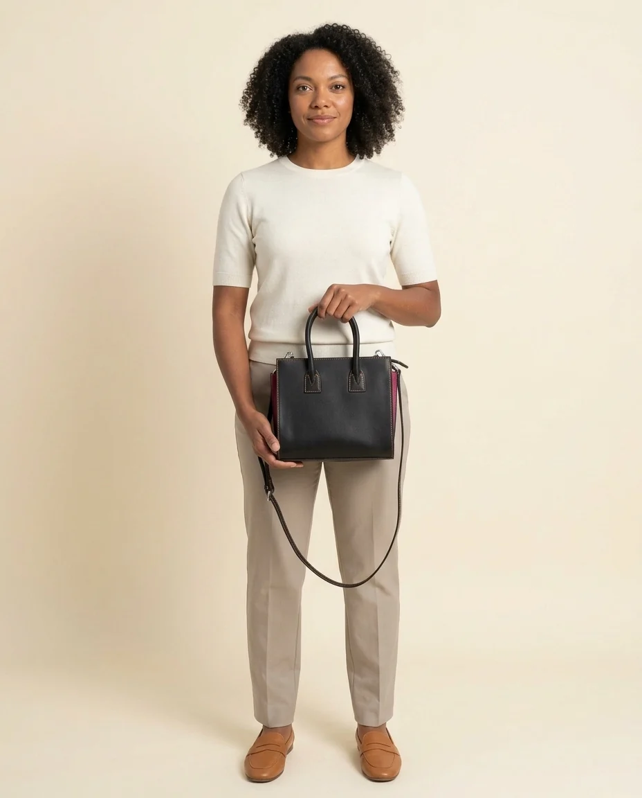 AI-generated colorblock satchel photography: front & scale