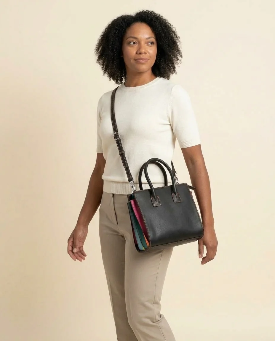 AI-generated colorblock satchel photography: on-model angle