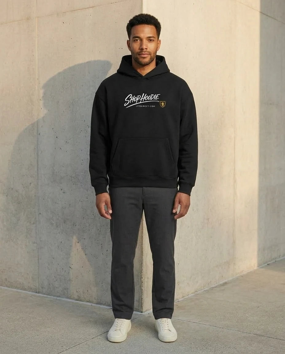 AI-generated black graphic hoodie photography: evening street scene