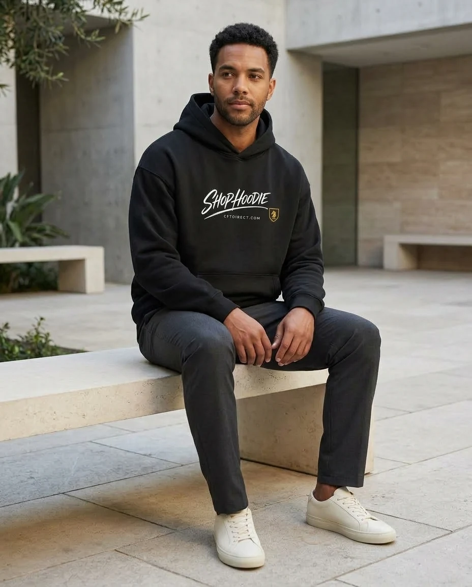 AI-generated black graphic hoodie photography: a moment outside