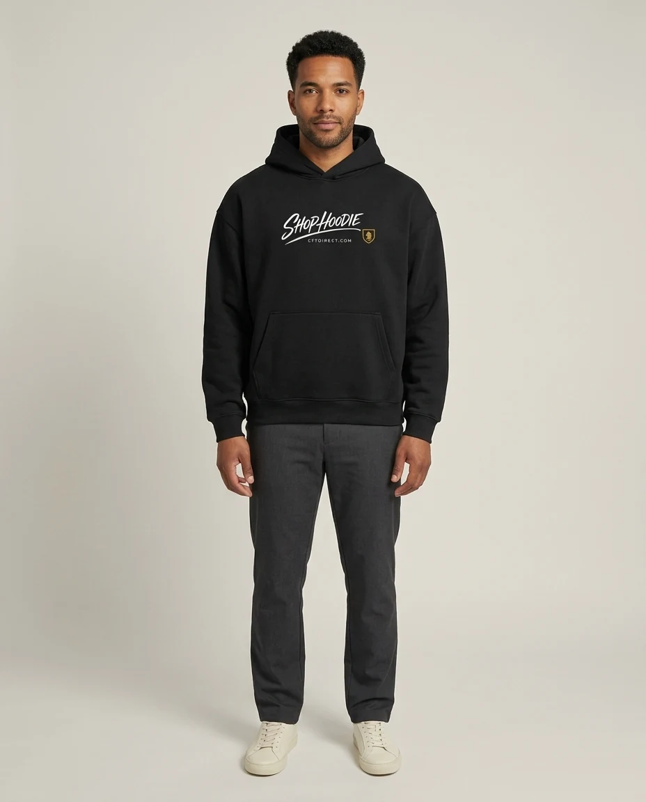 AI-generated black graphic hoodie photography: studio front