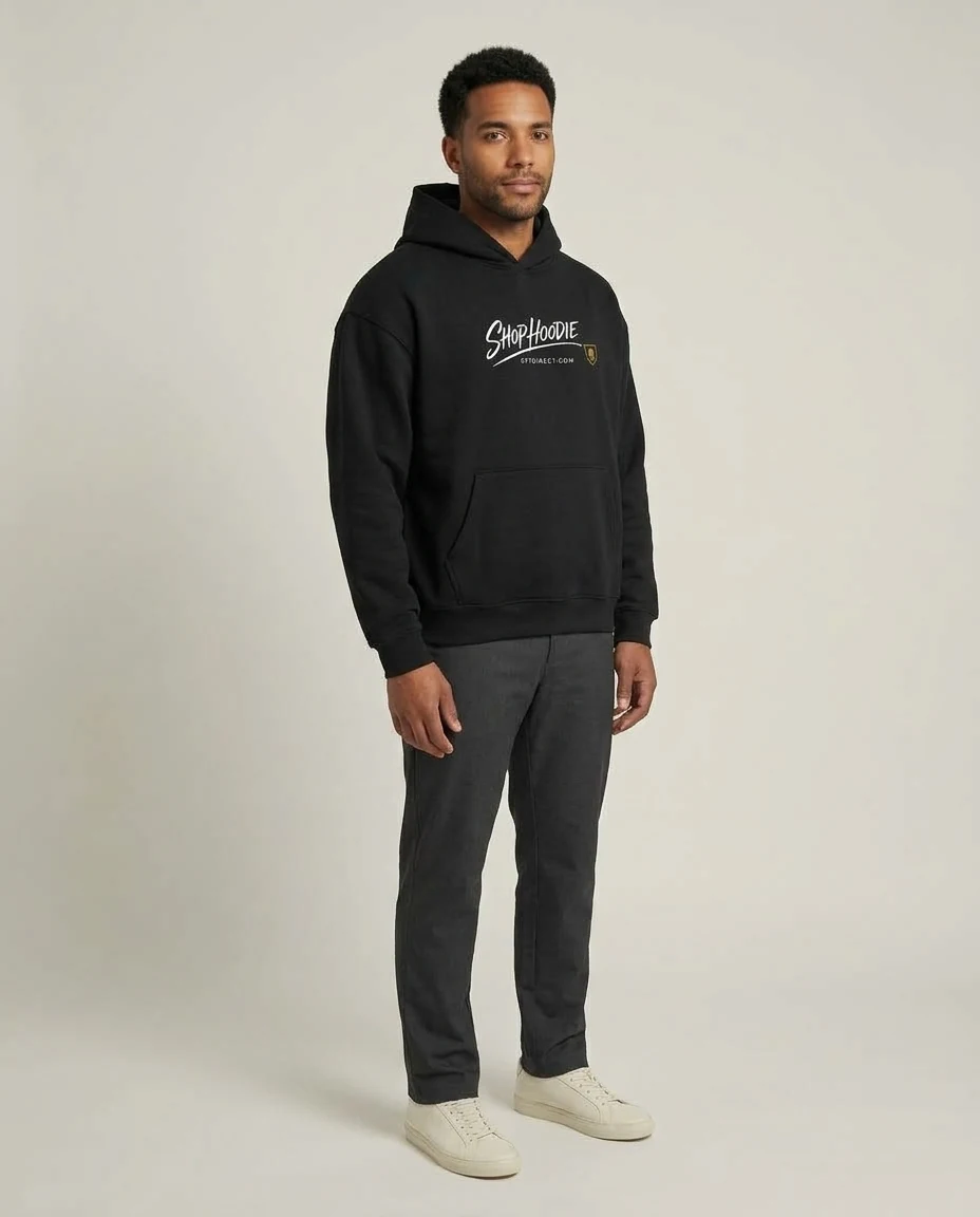 AI-generated black graphic hoodie photography: studio side