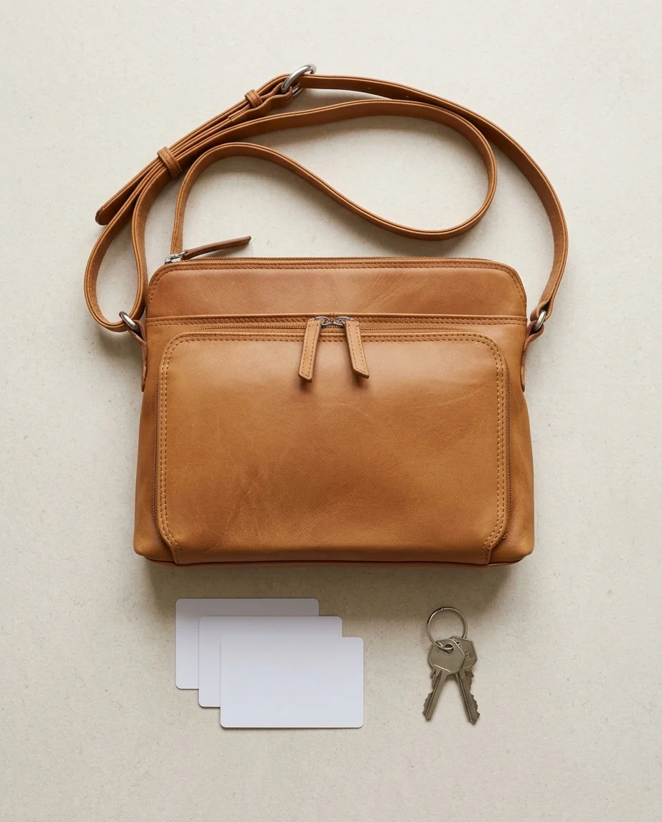 AI-generated saddle leather crossbody photography: everyday essentials
