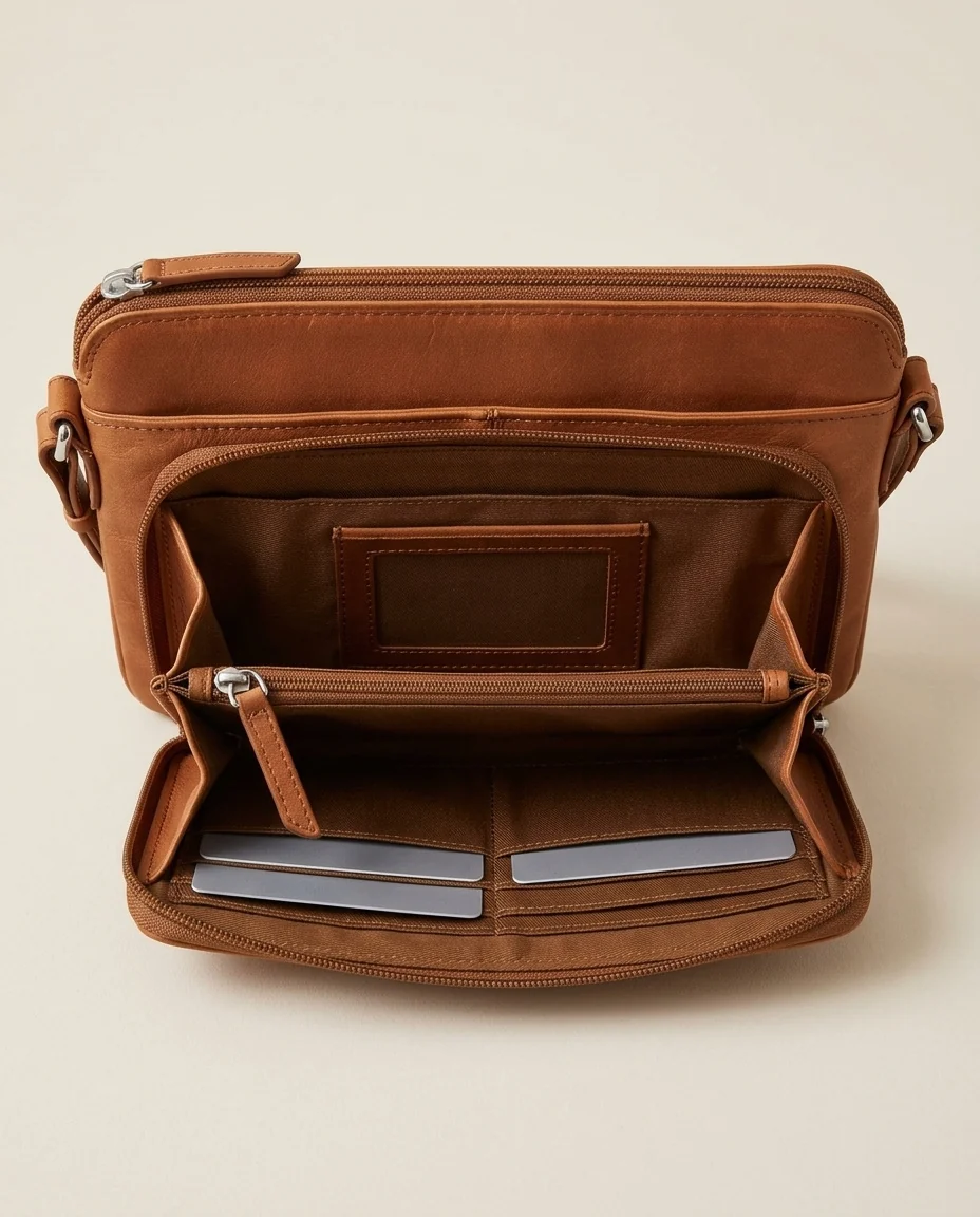 AI-generated saddle leather crossbody photography: inside the bag