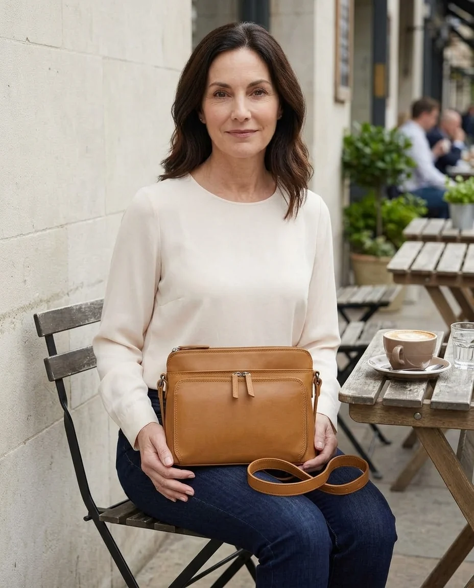 AI-generated saddle leather crossbody photography: a moment outside