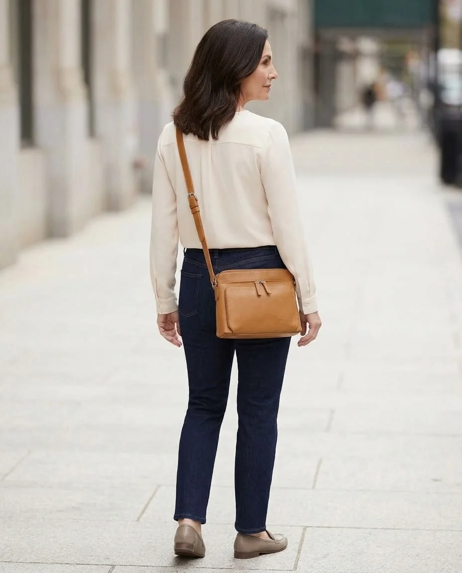 AI-generated saddle leather crossbody photography: crossbody styling