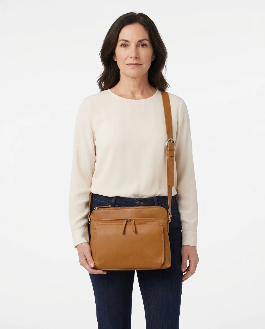 AI-generated saddle leather crossbody photography: front & scale