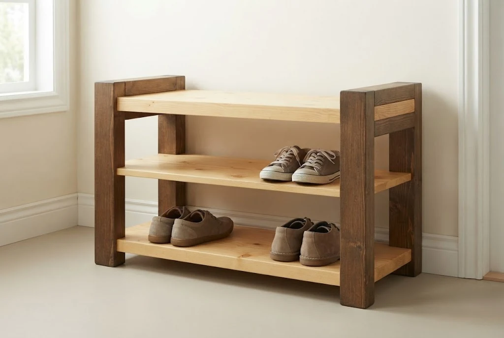 Two-tone entry bench in an AI-generated setting