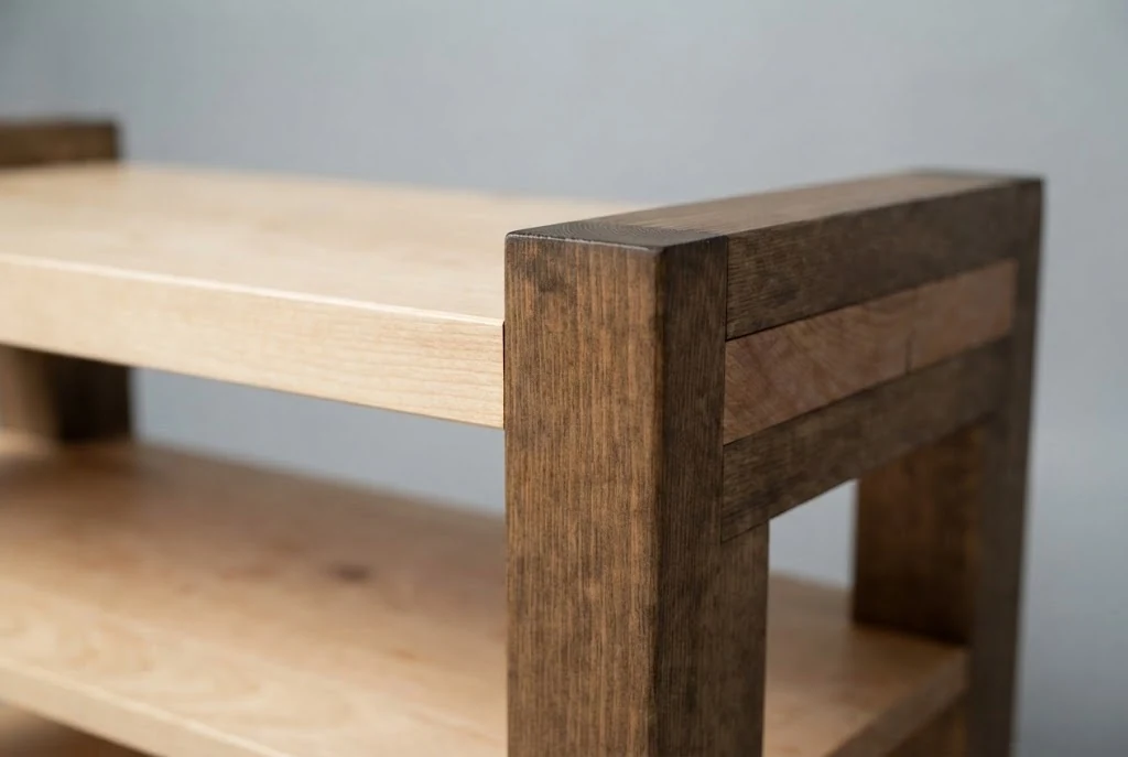 AI-generated two-tone entry bench photography: seat & frame