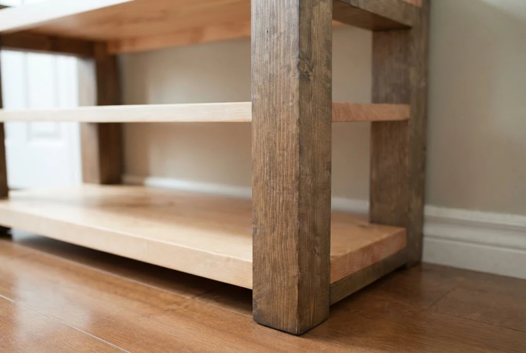 AI-generated two-tone entry bench photography: storage detail