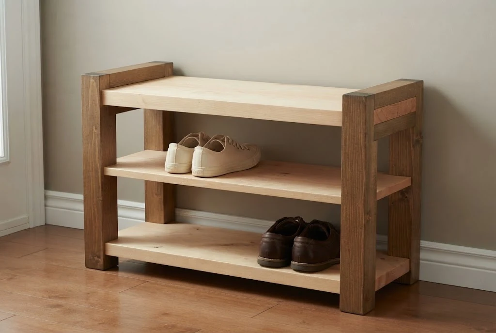 AI-generated two-tone entry bench photography: everyday storage