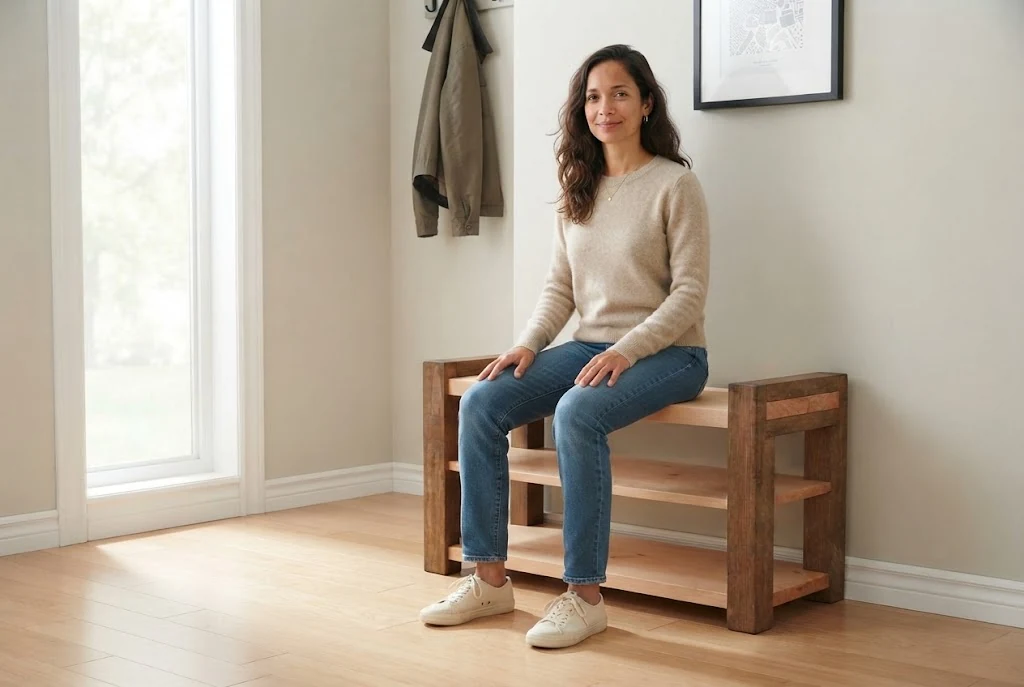 AI-generated woman seated on a two-tone pine bench in a bright entryway