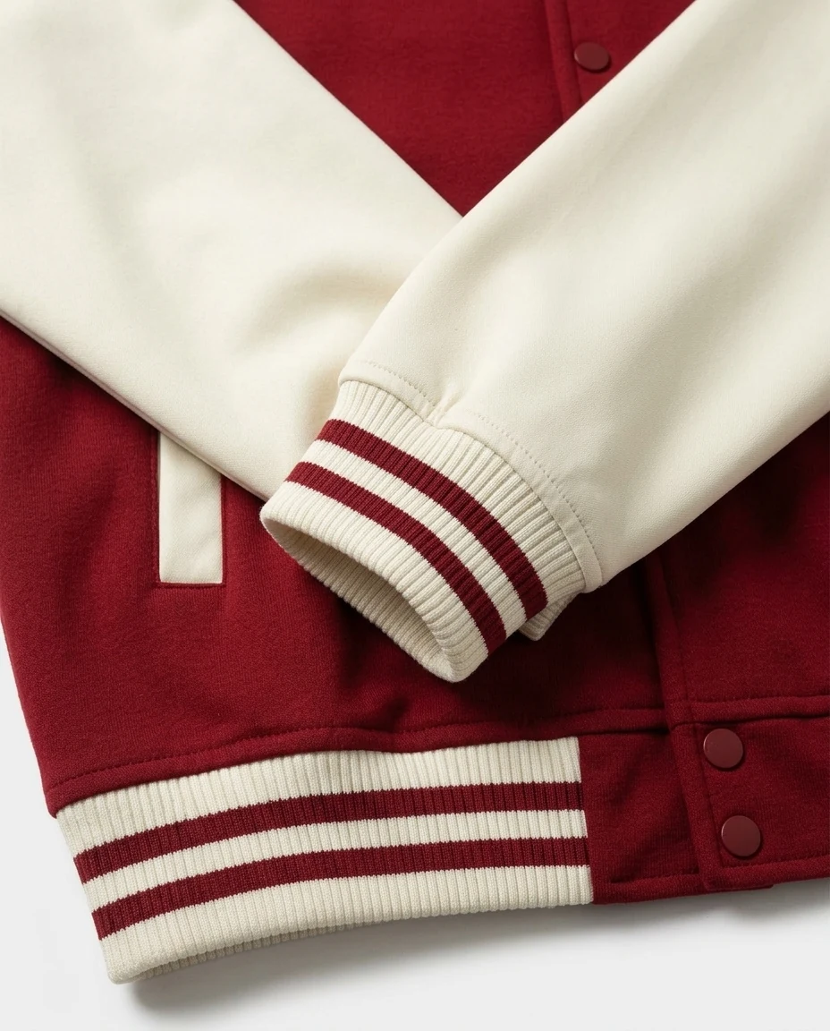 AI-generated two-tone varsity jacket photography: cuff detail