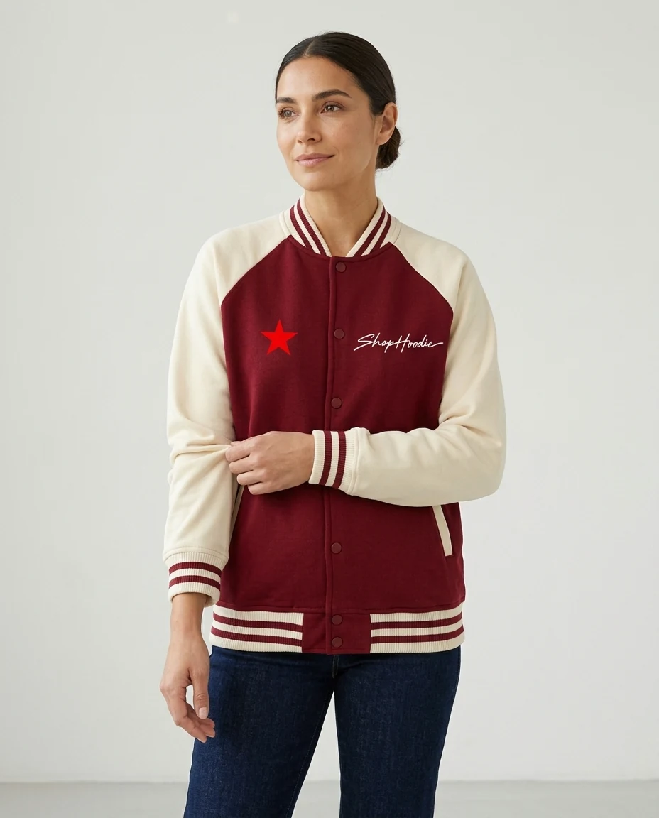 AI-generated two-tone varsity jacket photography: in motion