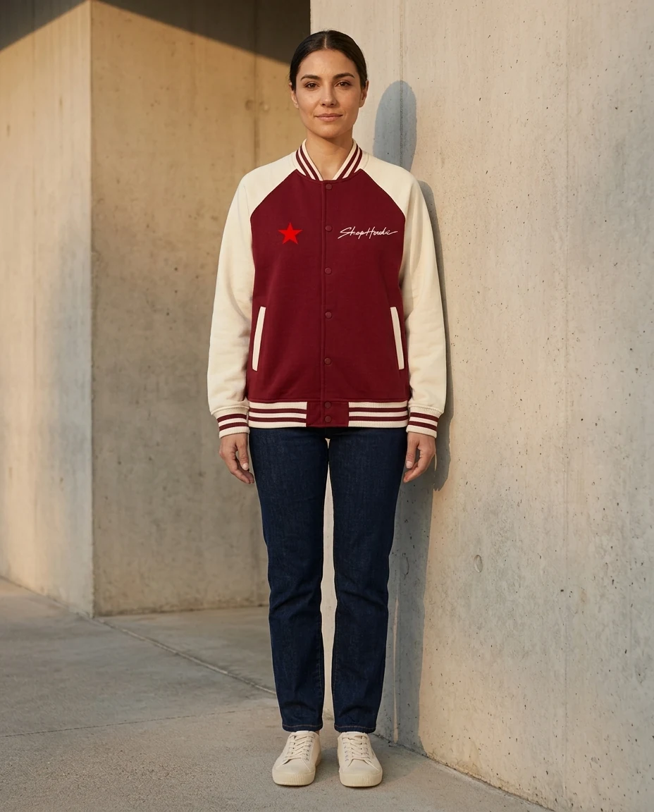 AI-generated two-tone varsity jacket photography: evening street scene
