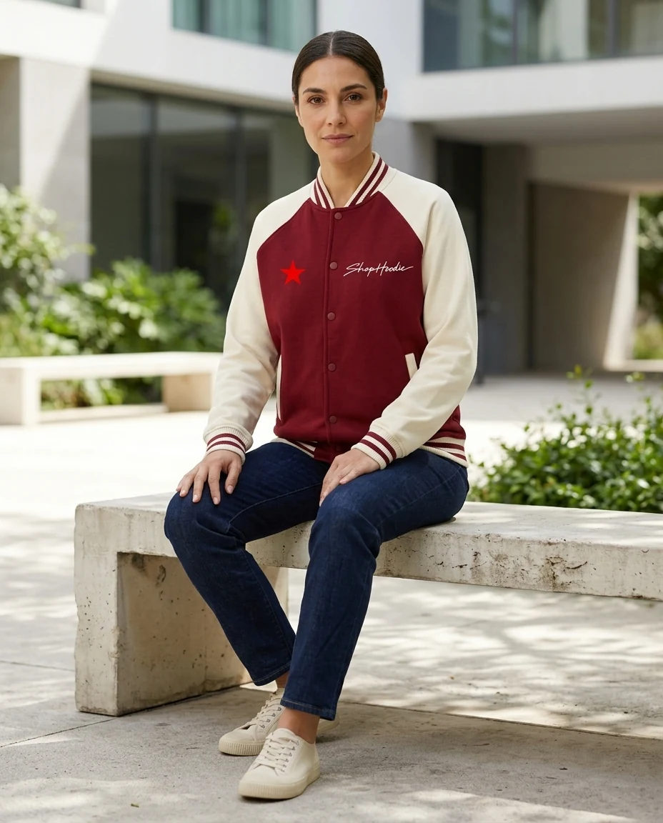 AI-generated two-tone varsity jacket photography: a moment outside