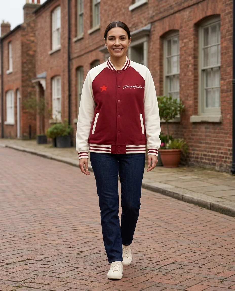 AI-generated city portrait featuring a two-tone varsity jacket