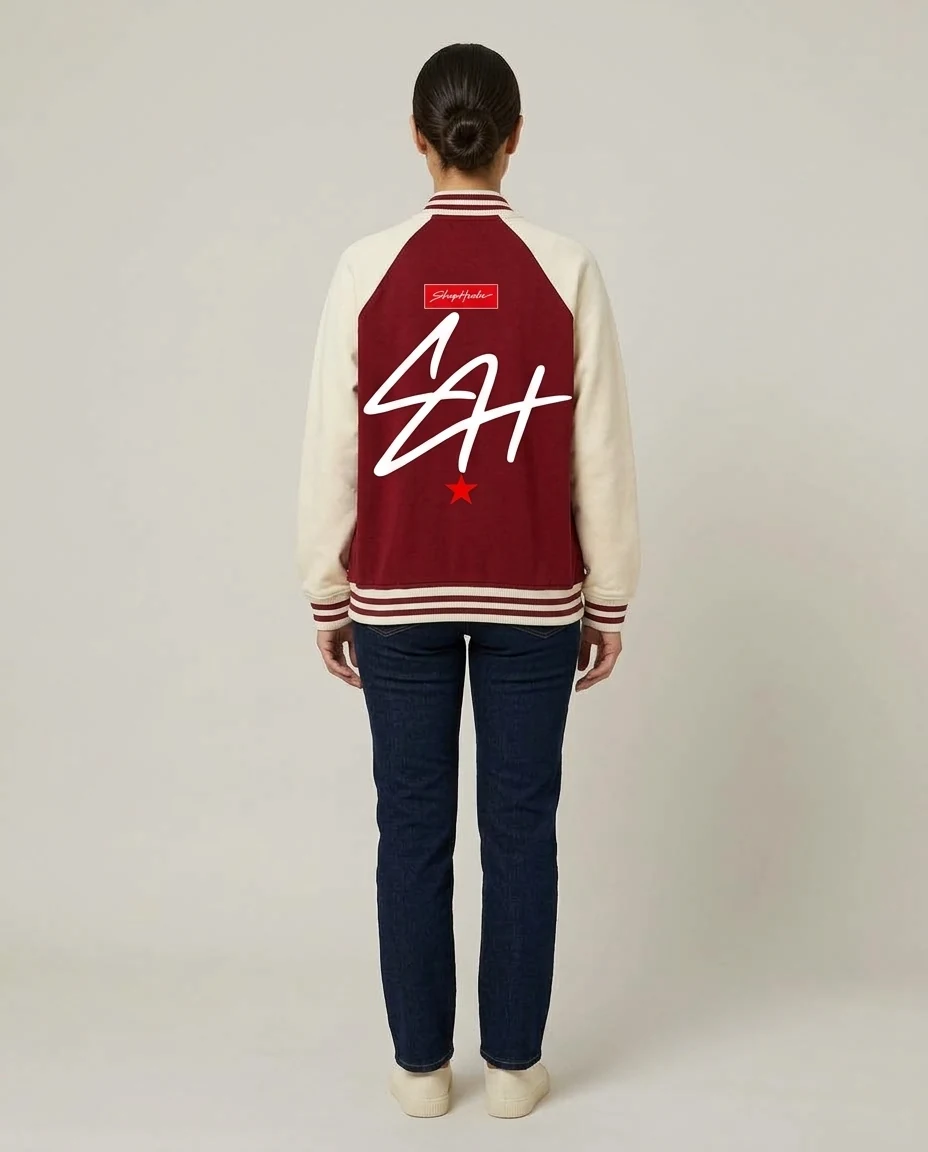 AI-generated two-tone varsity jacket photography: rear graphic