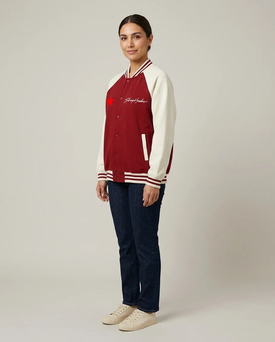 AI-generated two-tone varsity jacket photography: studio side