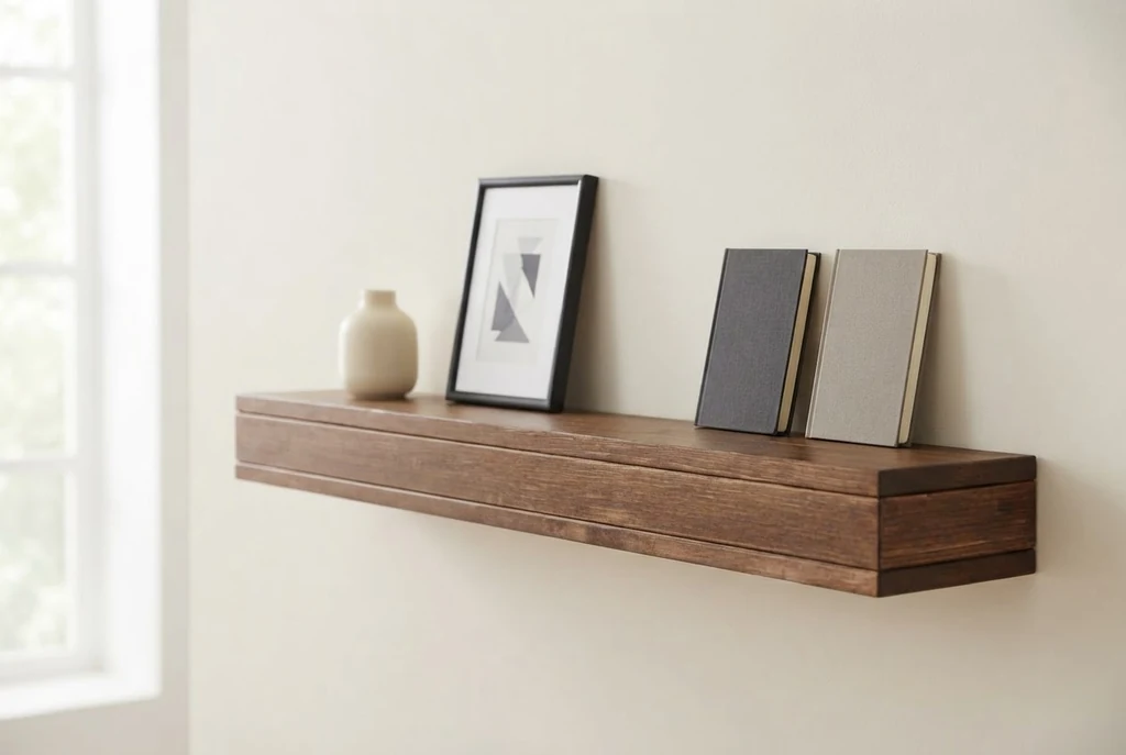 Walnut wall shelf in an AI-generated setting
