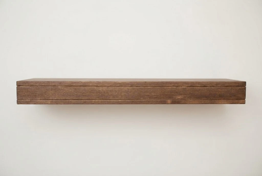 AI-generated walnut wall shelf photography: front view