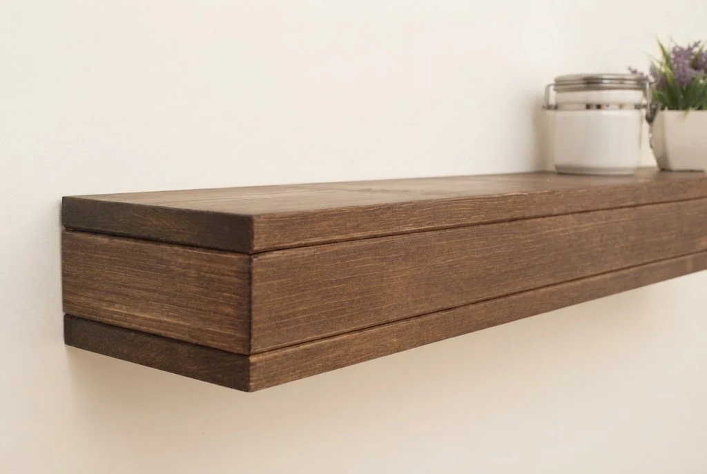 AI-generated walnut wall shelf photography: wood texture