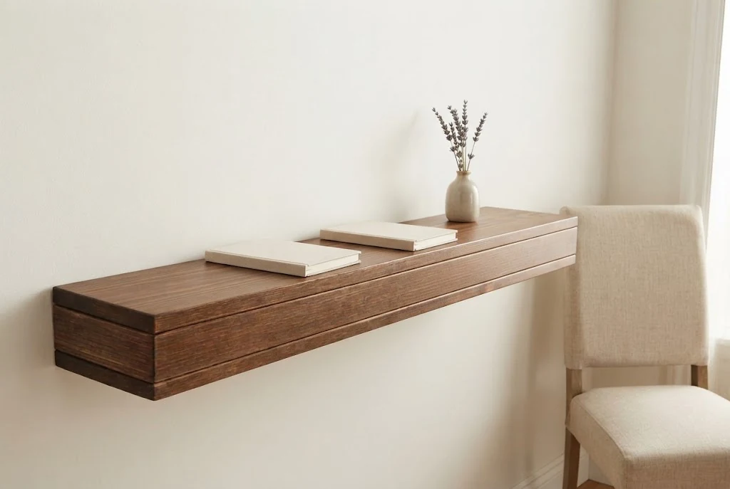 AI-generated walnut wall shelf photography: reading nook