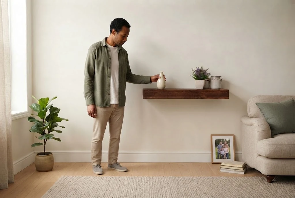 AI-generated man styling a compact walnut wall shelf with a cream vase