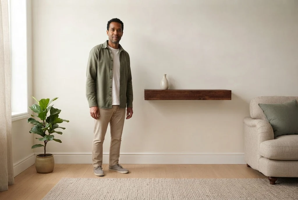 AI-generated walnut wall shelf photography: in the room